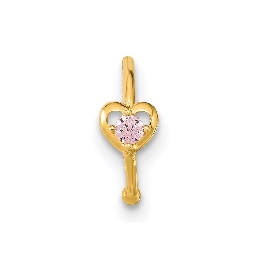14K Yellow Gold 20 Gauge Hoop With Heart Cz Nose Ring Body Jewelry