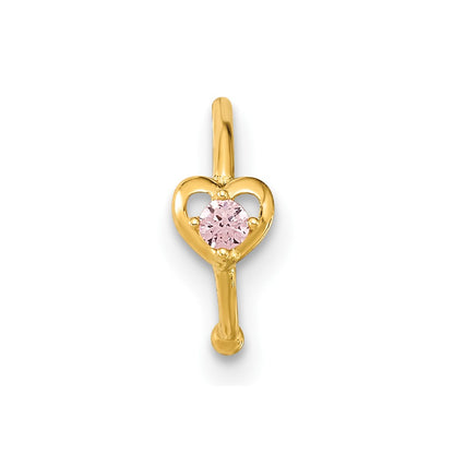 14K Yellow Gold 20 Gauge Hoop With Heart Cz Nose Ring Body Jewelry