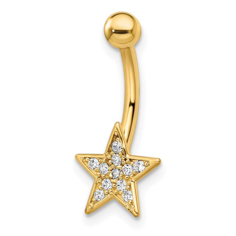 14K Yellow Gold 14 Gauge Polished Cz Star Belly Ring