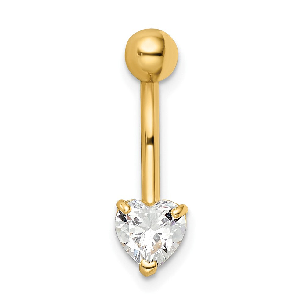 14K Yellow Gold 14 Gauge Heart Shaped Cz Belly Ring