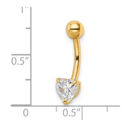 14K Yellow Gold 14 Gauge Heart Shaped Cz Belly Ring