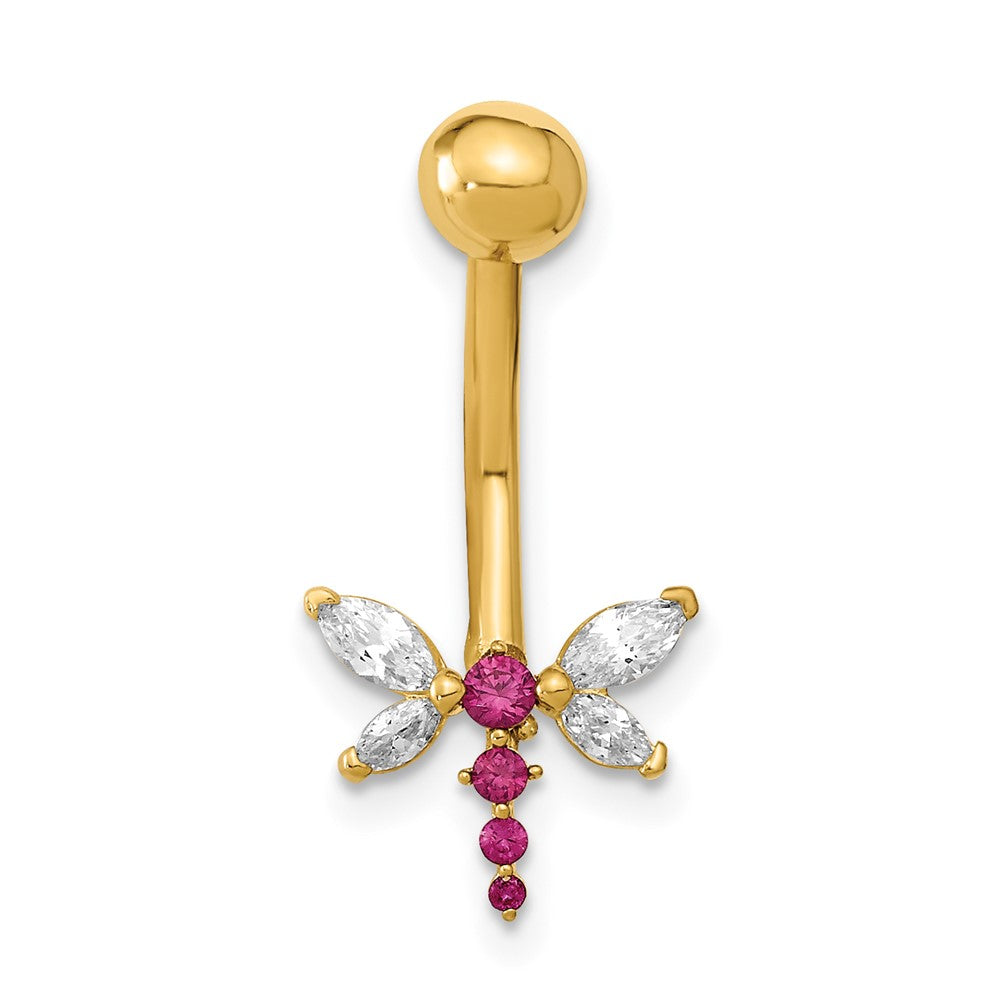 14K Yellow Gold 14 Gauge Dragonfly Cz Belly/Navel Ring Body Jewelry