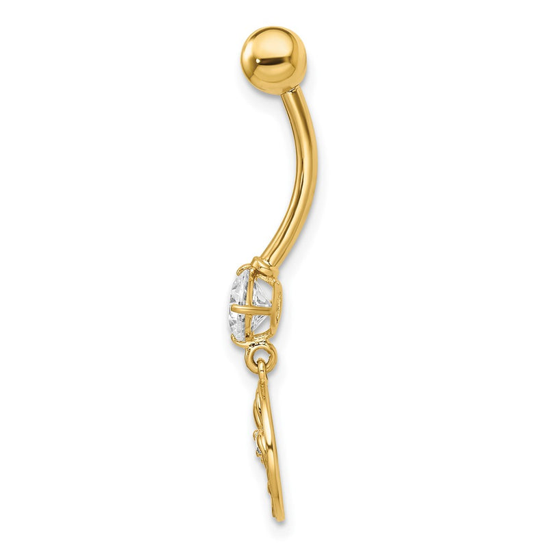 14K Yellow Gold 14 Gauge Cz Palm Trees Belly Ring