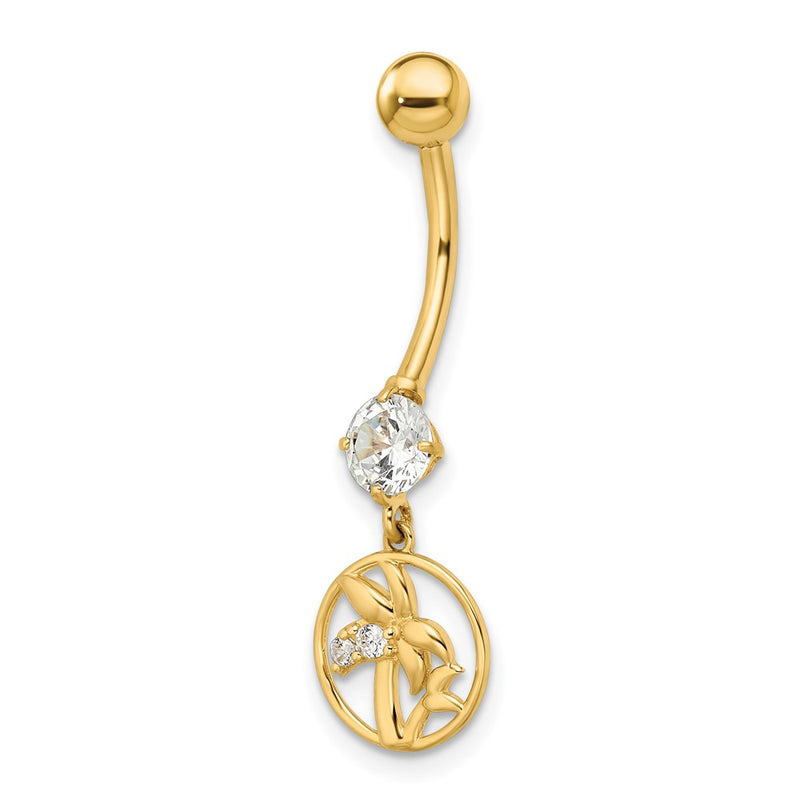 14K Yellow Gold 14 Gauge Cz Palm Trees Belly Ring