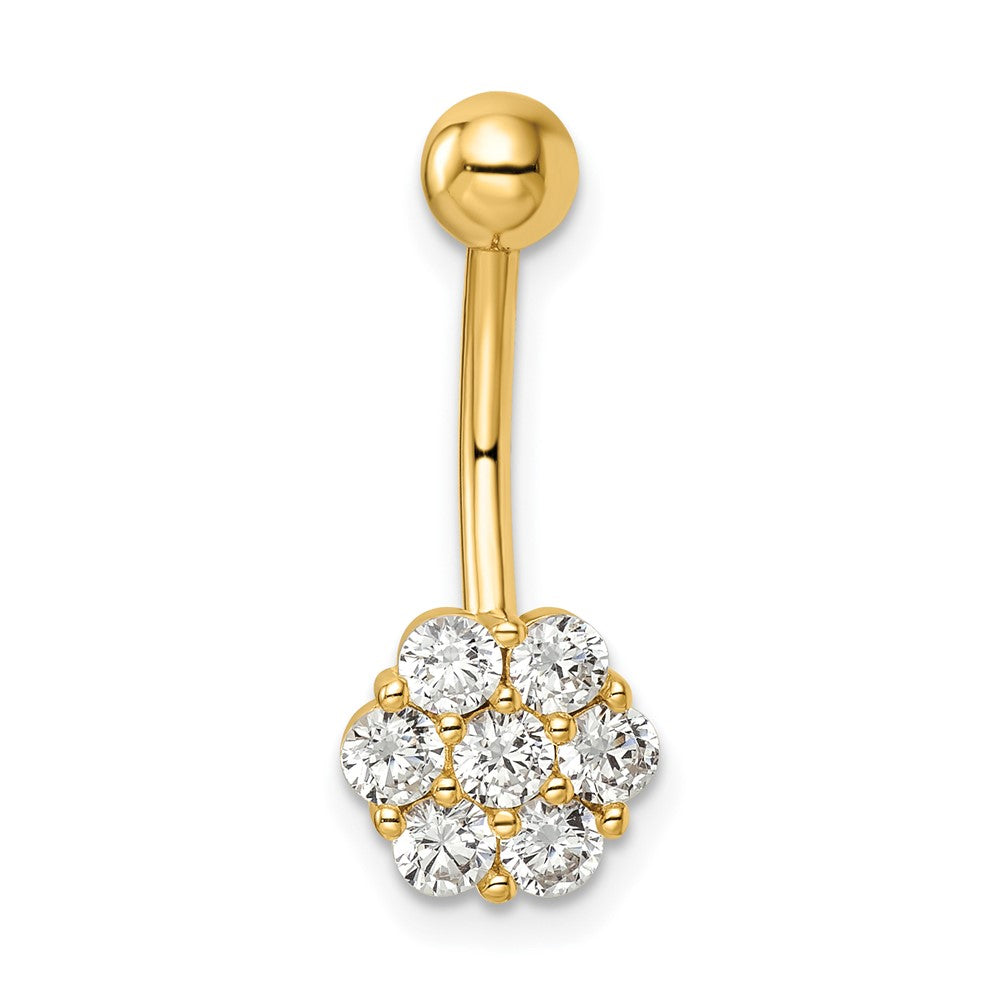 14K Yellow Gold 14 Gauge Cz Flower Belly Ring