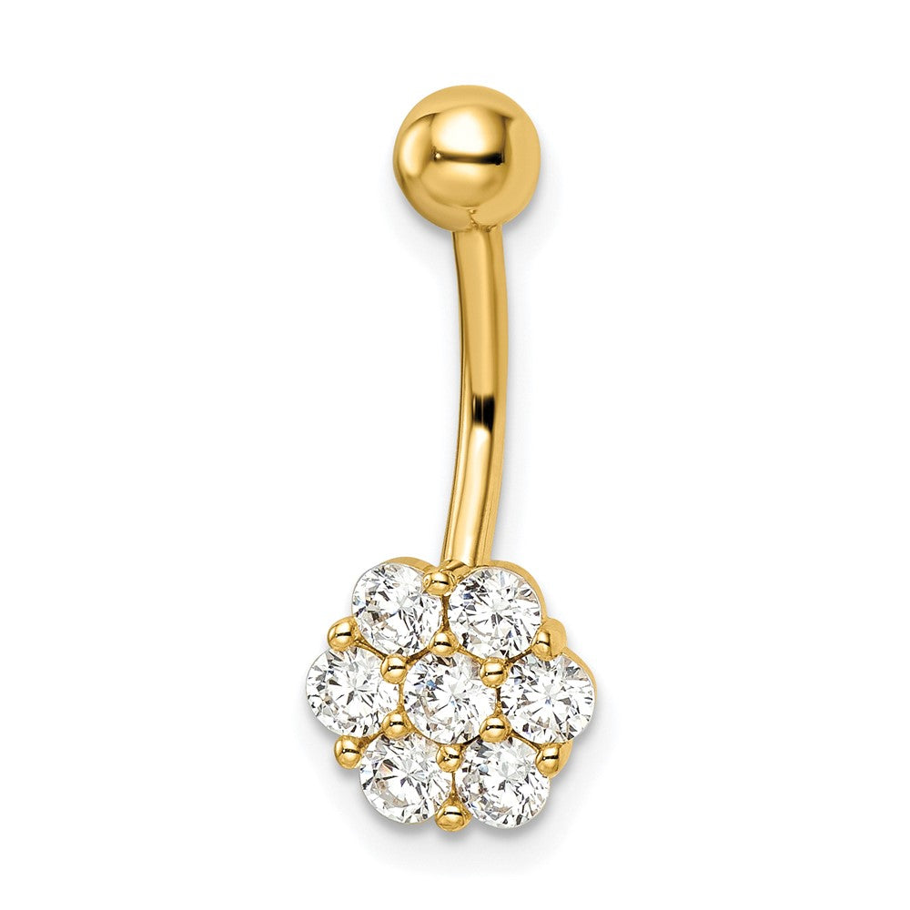 14K Yellow Gold 14 Gauge Cz Flower Belly Ring