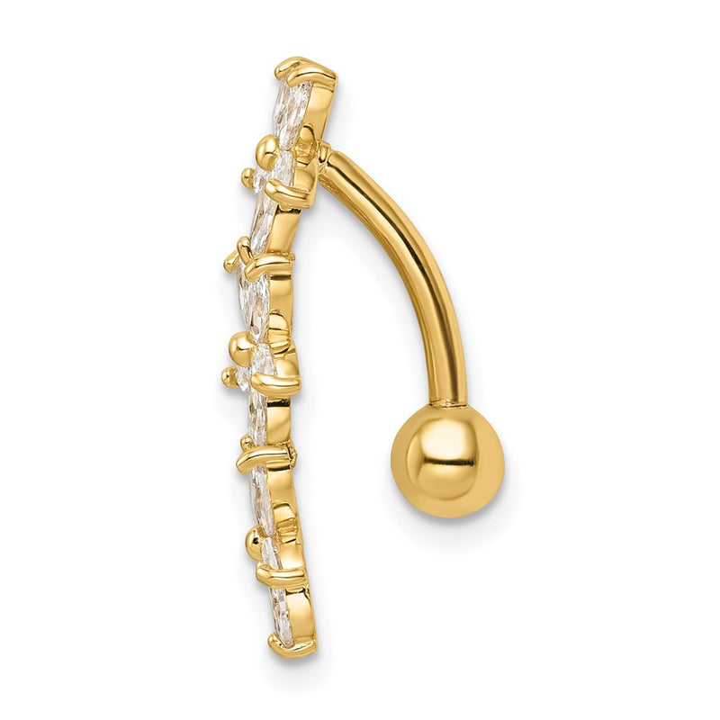 14K Yellow Gold 14 Gauge Cz 3 Flowers Dangle Belly Ring