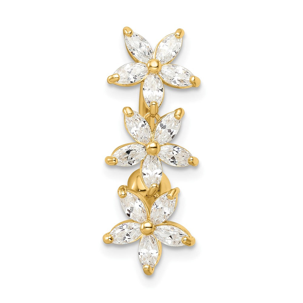 14K Yellow Gold 14 Gauge Cz 3 Flowers Dangle Belly Ring
