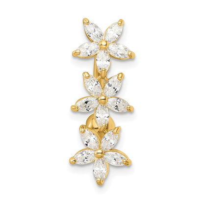 14K Yellow Gold 14 Gauge Cz 3 Flowers Dangle Belly Ring