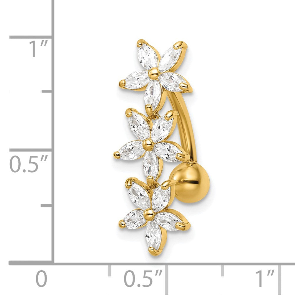 14K Yellow Gold 14 Gauge Cz 3 Flowers Dangle Belly Ring