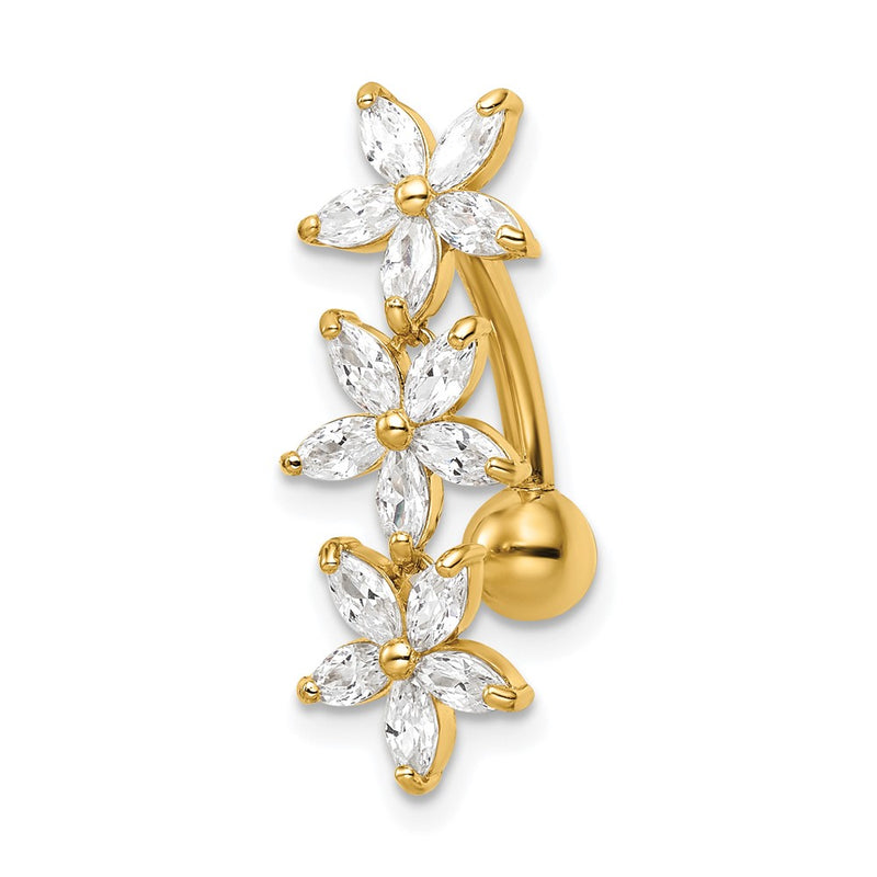 14K Yellow Gold 14 Gauge Cz 3 Flowers Dangle Belly Ring