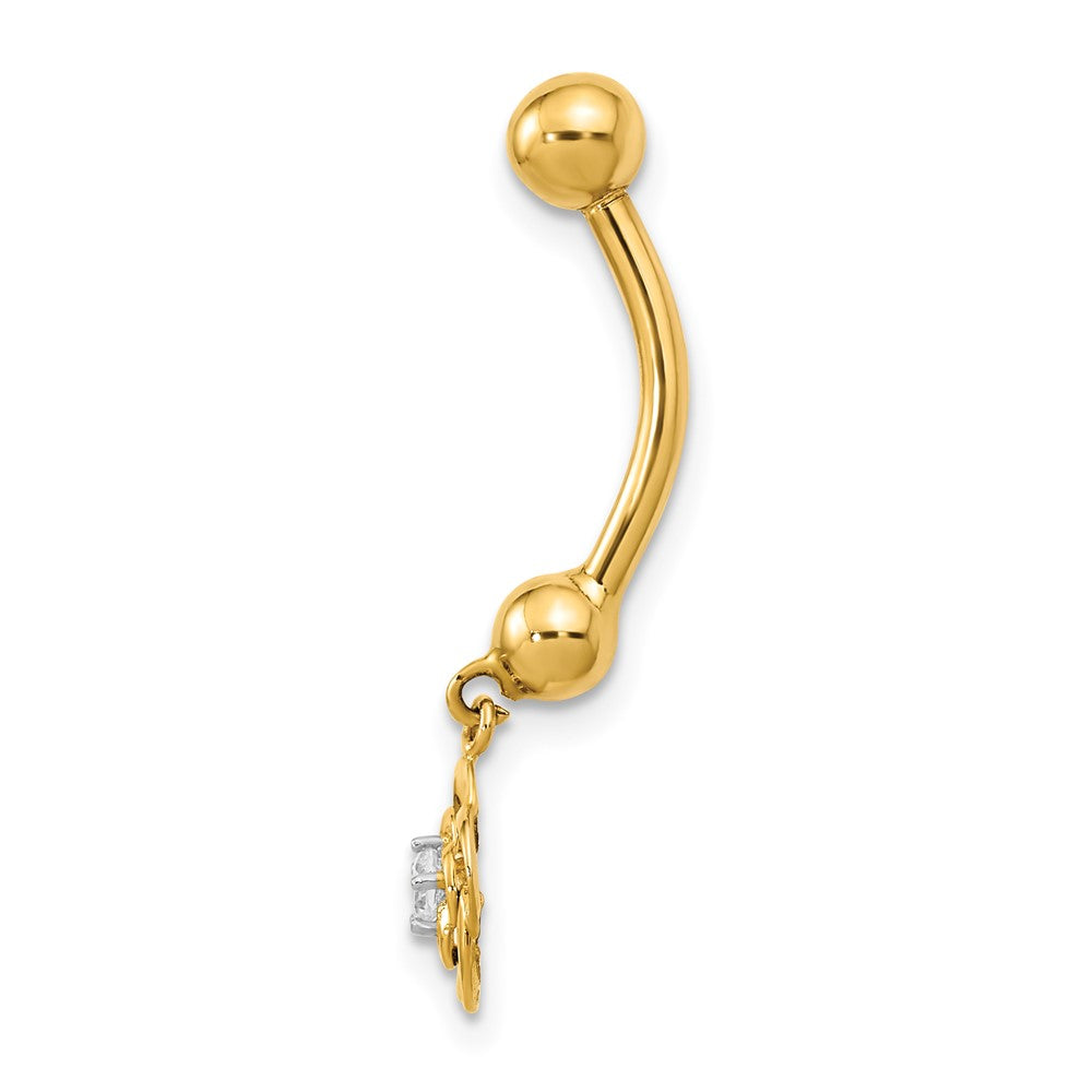 14K Yellow Gold 14 Gauge Dangle Flower Cz Belly/Navel Ring Body Jewelry
