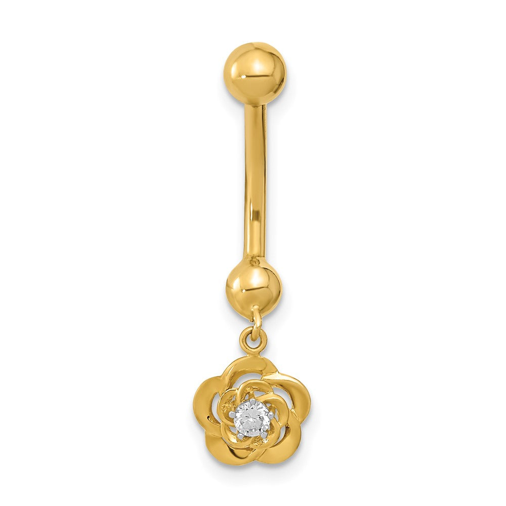 14K Yellow Gold 14 Gauge Dangle Flower Cz Belly/Navel Ring Body Jewelry