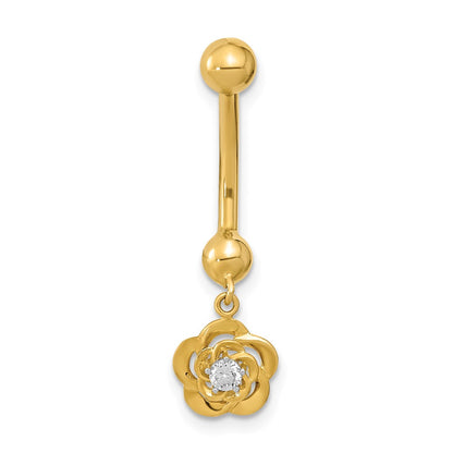 14K Yellow Gold 14 Gauge Dangle Flower Cz Belly/Navel Ring Body Jewelry
