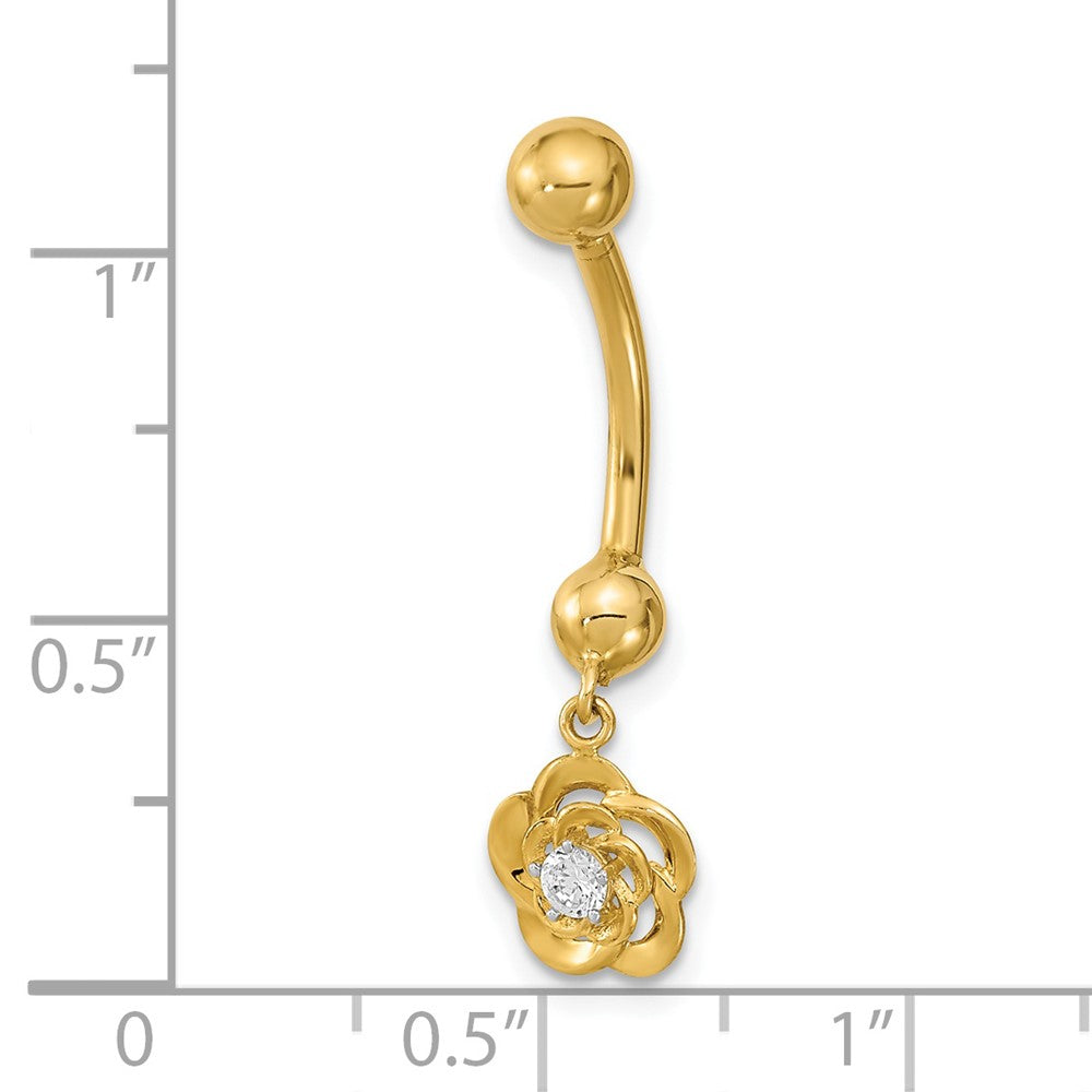 14K Yellow Gold 14 Gauge Dangle Flower Cz Belly/Navel Ring Body Jewelry