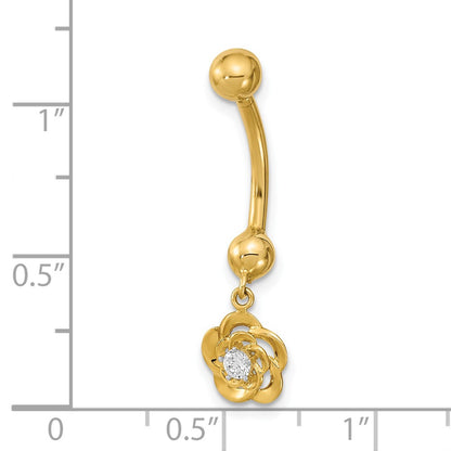 14K Yellow Gold 14 Gauge Dangle Flower Cz Belly/Navel Ring Body Jewelry