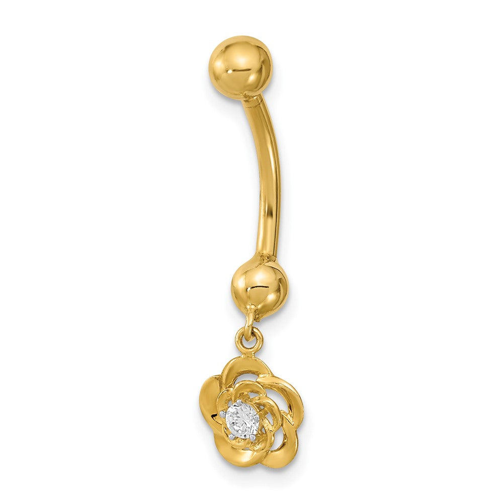 14K Yellow Gold 14 Gauge Dangle Flower Cz Belly/Navel Ring Body Jewelry