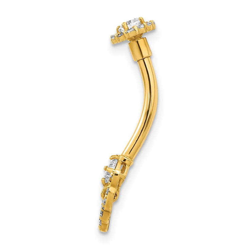 14K Yellow Gold 14 Gauge Angel Wings Cz Belly/Navel Ring Body Jewelry