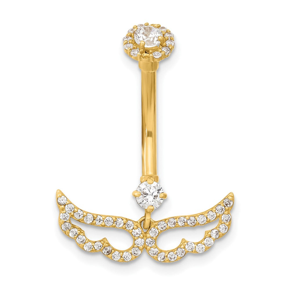 14K Yellow Gold 14 Gauge Angel Wings Cz Belly/Navel Ring Body Jewelry