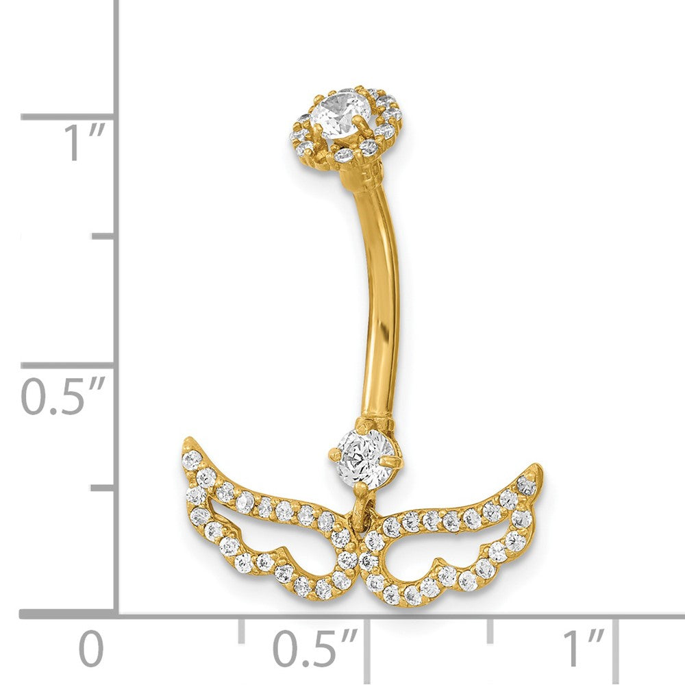 14K Yellow Gold 14 Gauge Angel Wings Cz Belly/Navel Ring Body Jewelry