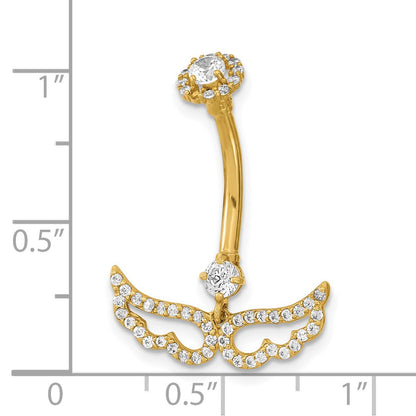 14K Yellow Gold 14 Gauge Angel Wings Cz Belly/Navel Ring Body Jewelry