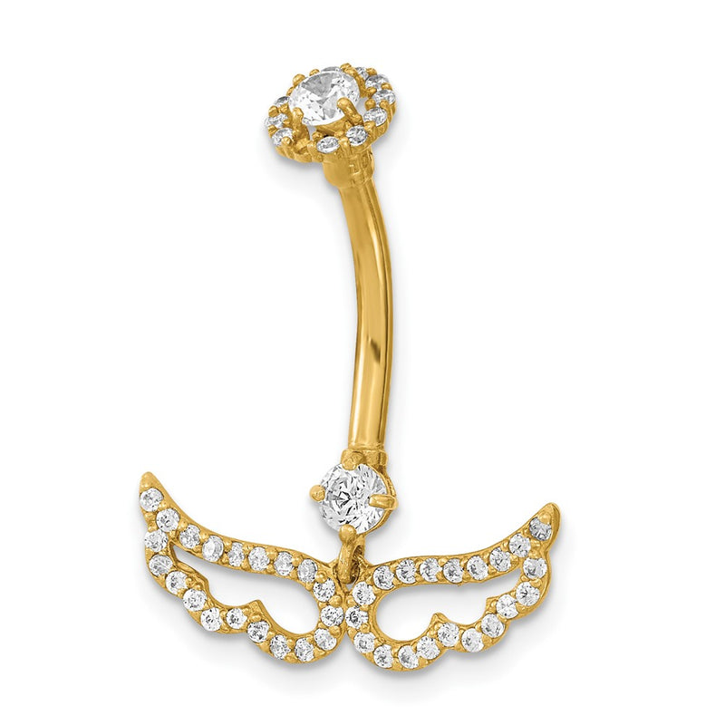 14K Yellow Gold 14 Gauge Angel Wings Cz Belly/Navel Ring Body Jewelry