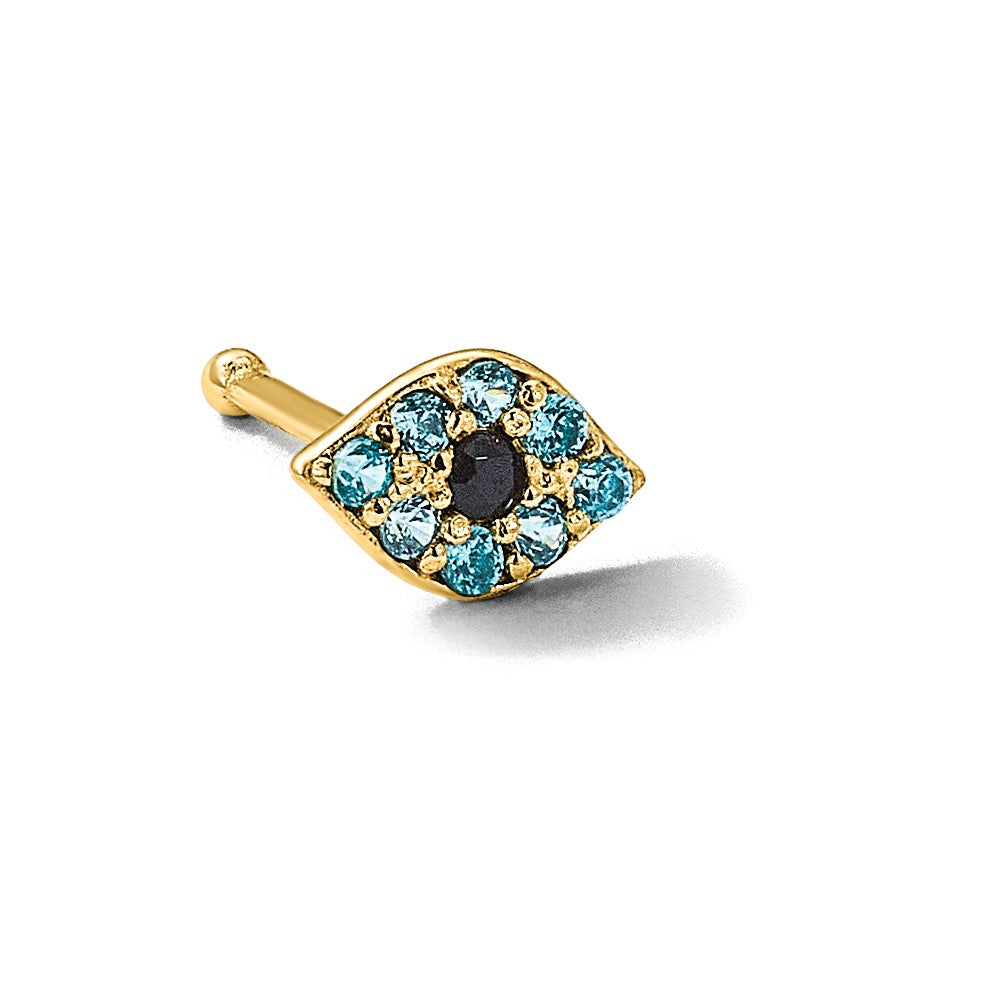 14K Yellow Gold Polished Blue CZ Evil Eye Nose Stud