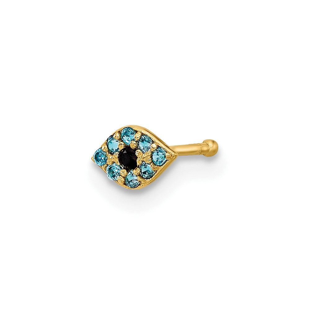 14K Yellow Gold Polished Blue CZ Evil Eye Nose Stud