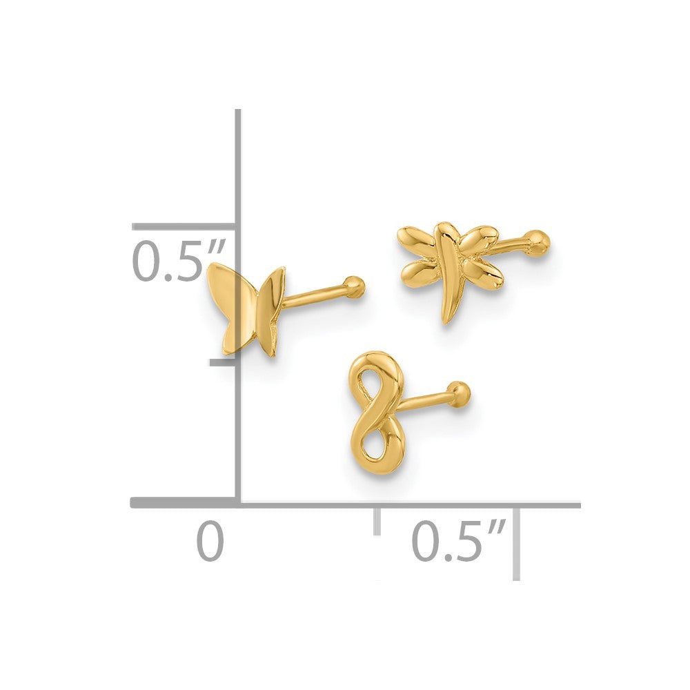 14K Yellow Gold Polished Infinity Symbol, Dragonfly and Butterfly Nose Stud