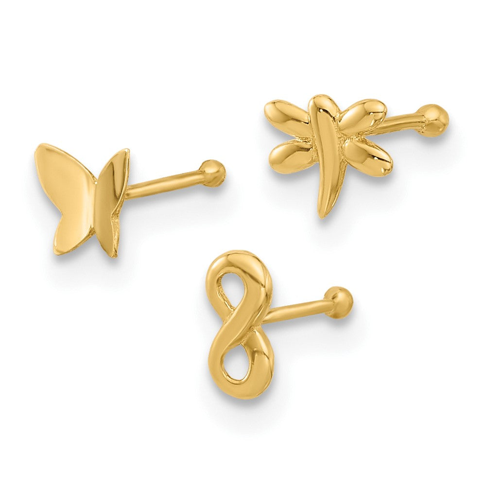 14K Yellow Gold Polished Infinity Symbol, Dragonfly and Butterfly Nose Stud