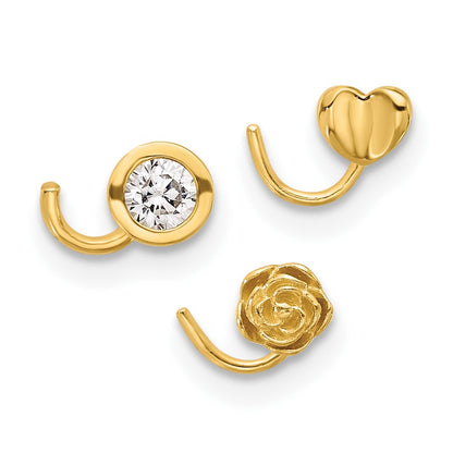 14K Yellow Gold Polished CZ, Flower and Heart Nose Ring Set