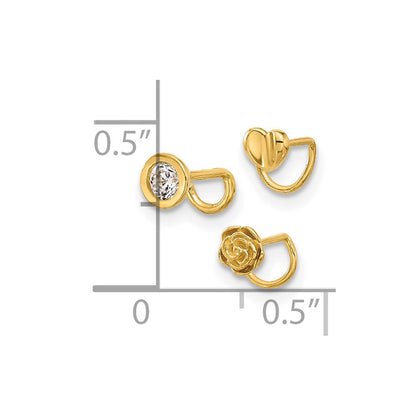 14K Yellow Gold Polished CZ, Flower and Heart Nose Ring Set