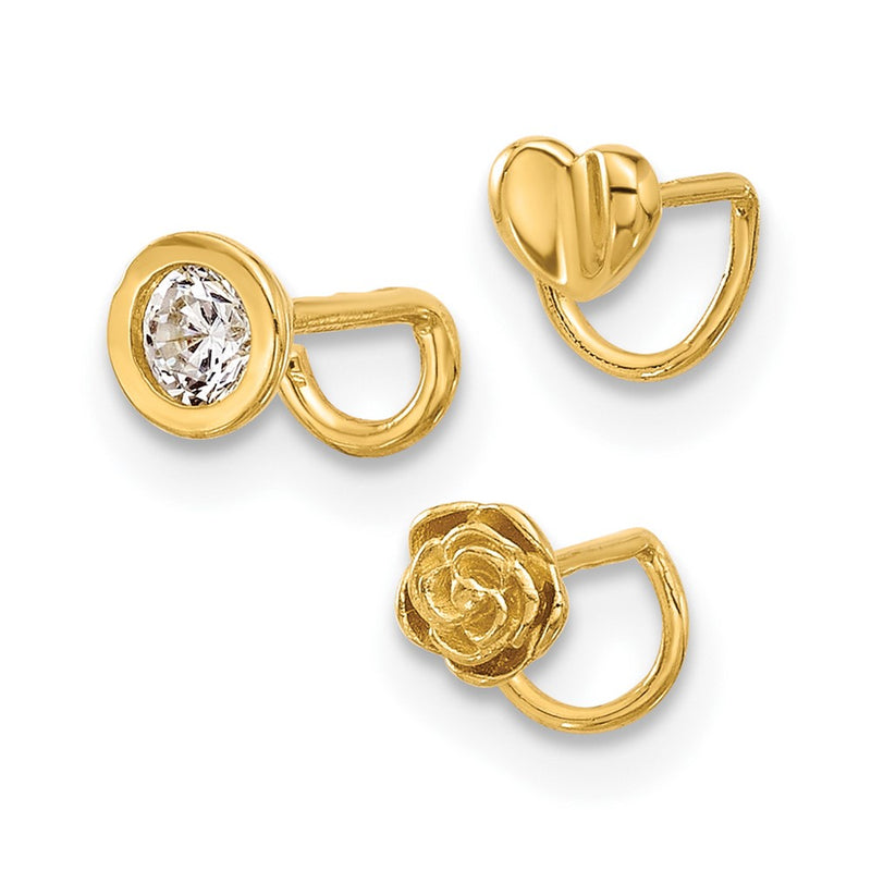 14K Yellow Gold Polished CZ, Flower and Heart Nose Ring Set