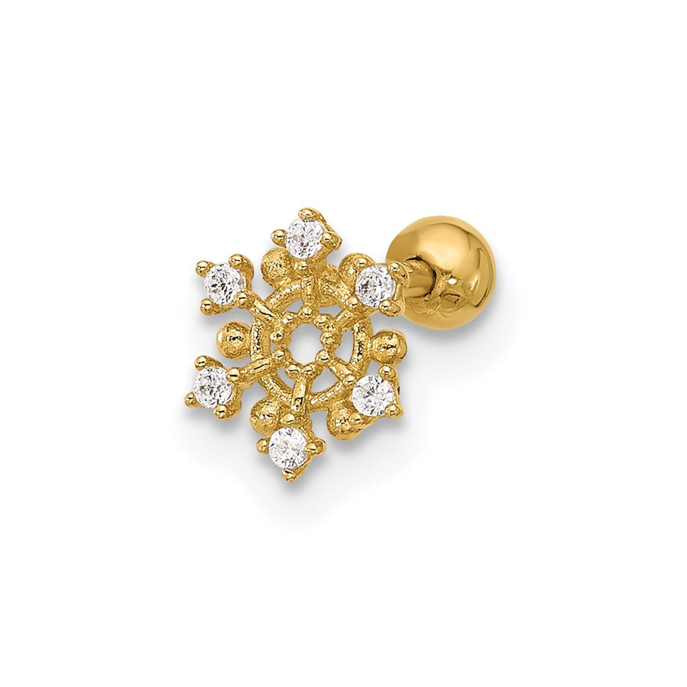 14K Yellow Gold Polished CZ Snowflake Cartilage Stud