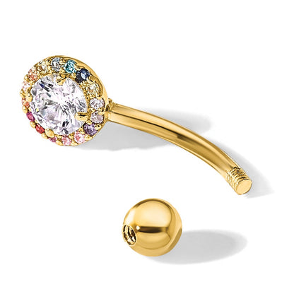 14K Yellow Gold Polished Rainbow CZ Belly / Navel Ring