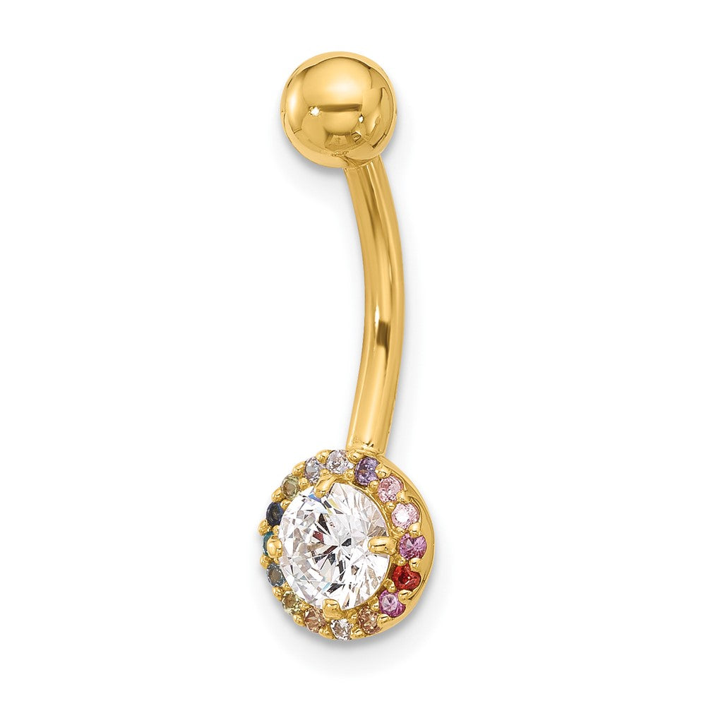 14K Yellow Gold Polished Rainbow CZ Belly / Navel Ring