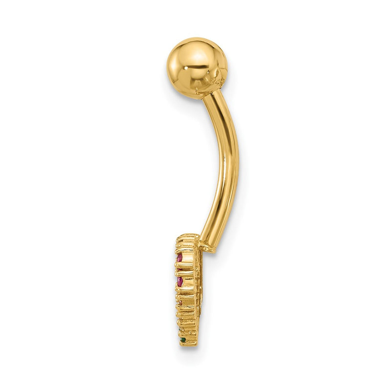 14K Yellow Gold Polished Rainbow CZ Heart Belly / Navel Ring