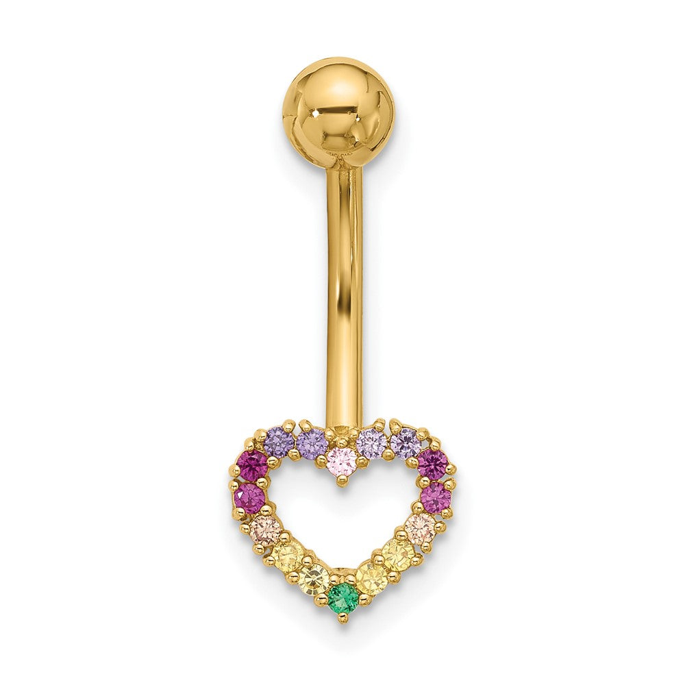 14K Yellow Gold Polished Rainbow CZ Heart Belly / Navel Ring