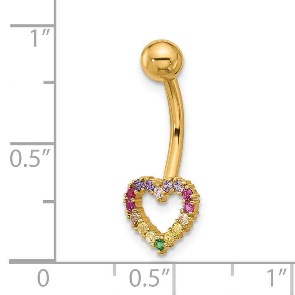 14K Yellow Gold Polished Rainbow CZ Heart Belly / Navel Ring
