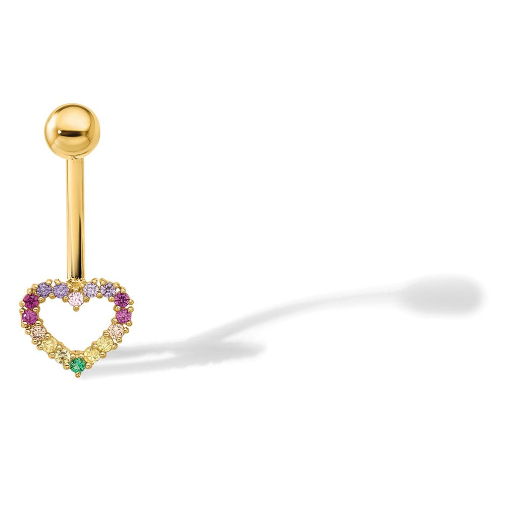 14K Yellow Gold Polished Rainbow CZ Heart Belly / Navel Ring