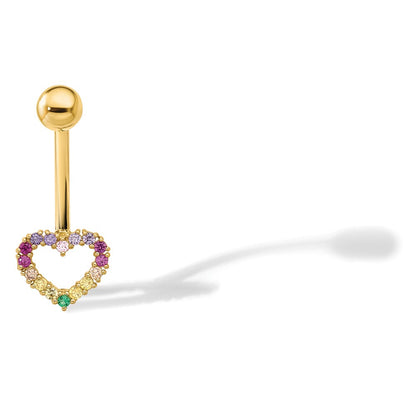 14K Yellow Gold Polished Rainbow CZ Heart Belly / Navel Ring