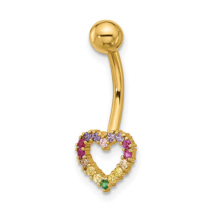 14K Yellow Gold Polished Rainbow CZ Heart Belly / Navel Ring