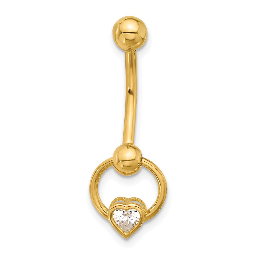 14K Yellow Gold Polished CZ Heart Dangle Navel/belly Ring