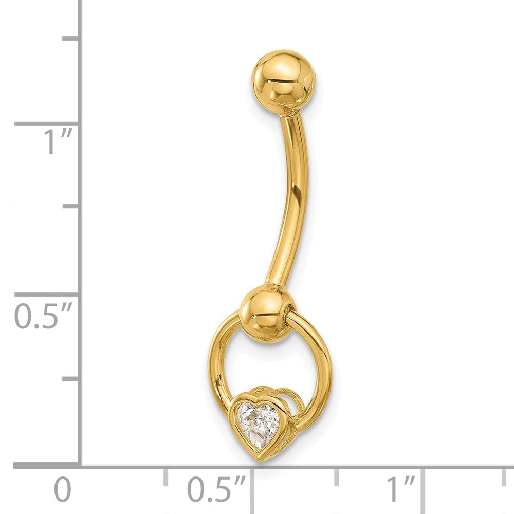14K Yellow Gold Polished CZ Heart Dangle Navel/belly Ring