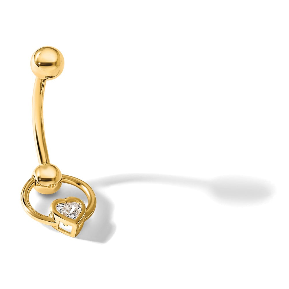 14K Yellow Gold Polished CZ Heart Dangle Navel/belly Ring