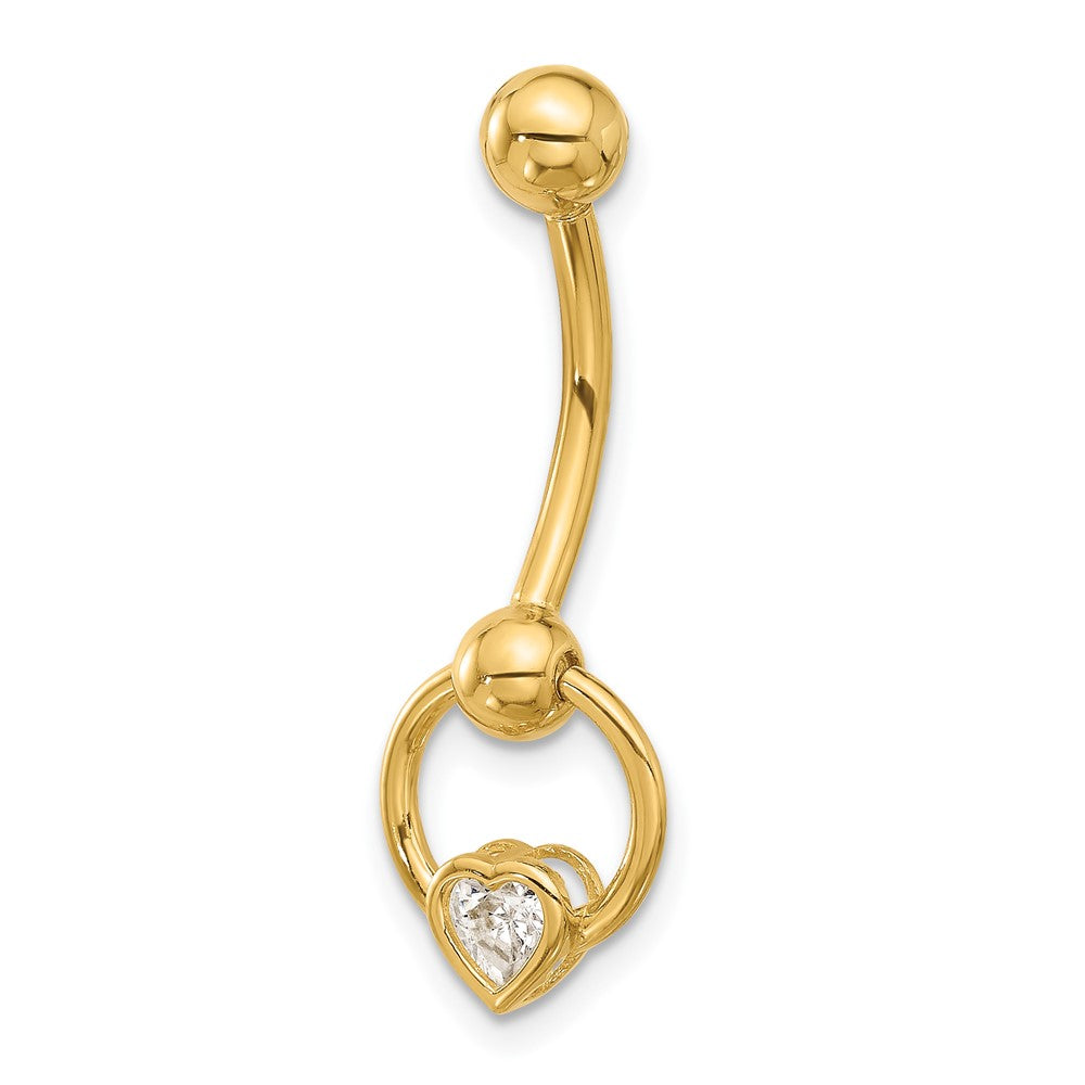 14K Yellow Gold Polished CZ Heart Dangle Navel/belly Ring