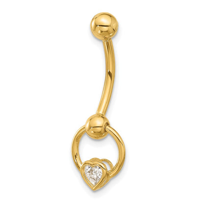 14K Yellow Gold Polished CZ Heart Dangle Navel/belly Ring