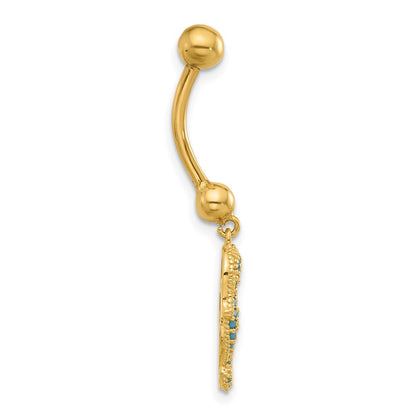 14K Yellow Gold Polished Blue CZ Seahorse Dangle Navel/belly Ring