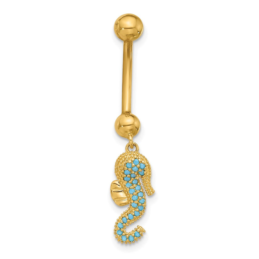 14K Yellow Gold Polished Blue CZ Seahorse Dangle Navel/belly Ring