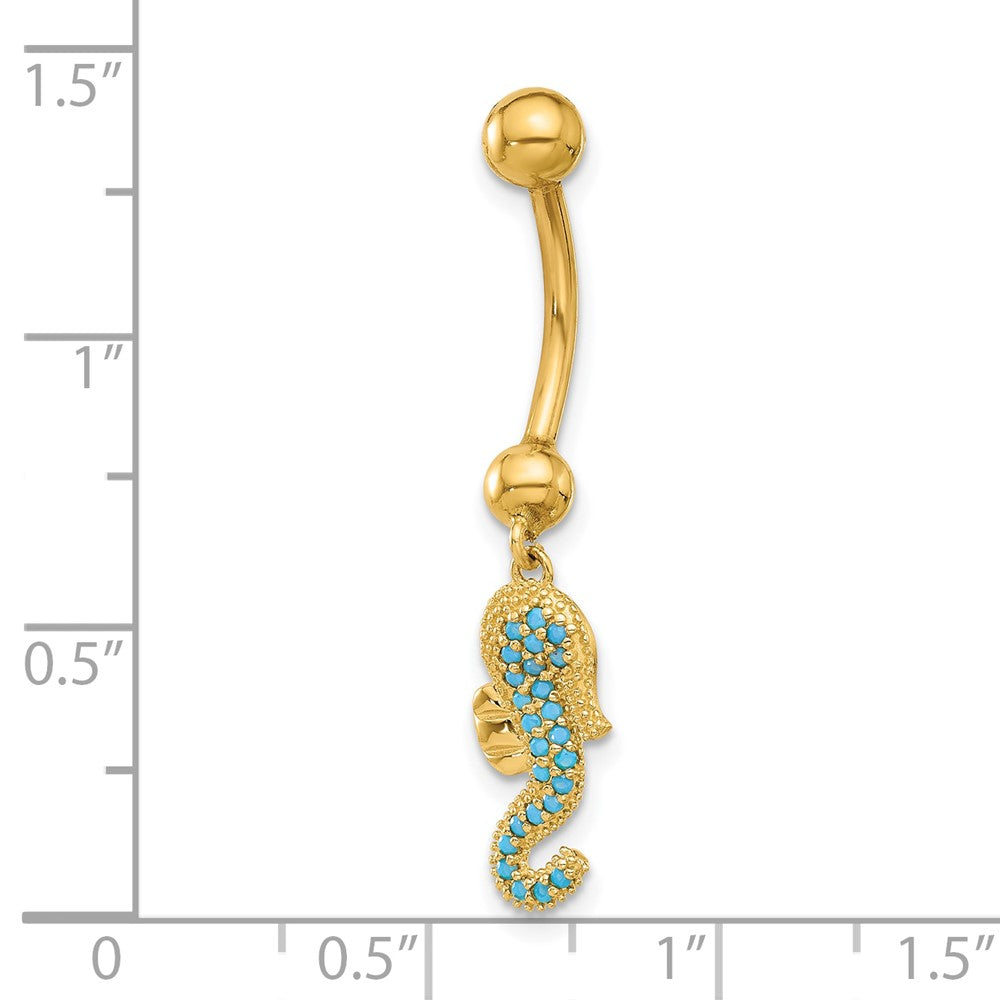 14K Yellow Gold Polished Blue CZ Seahorse Dangle Navel/belly Ring